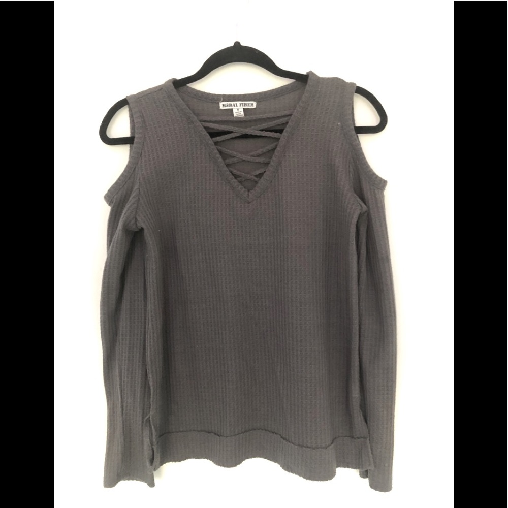 Cold Shoulder Waffle Knit Sweater with Criss-cross